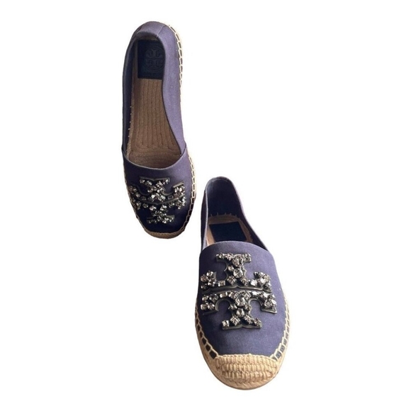 TORY BURCH Ines Embellished Logo Espadrille Flats Navy Canvas Size 5.5 NIB - Picture 6 of 11